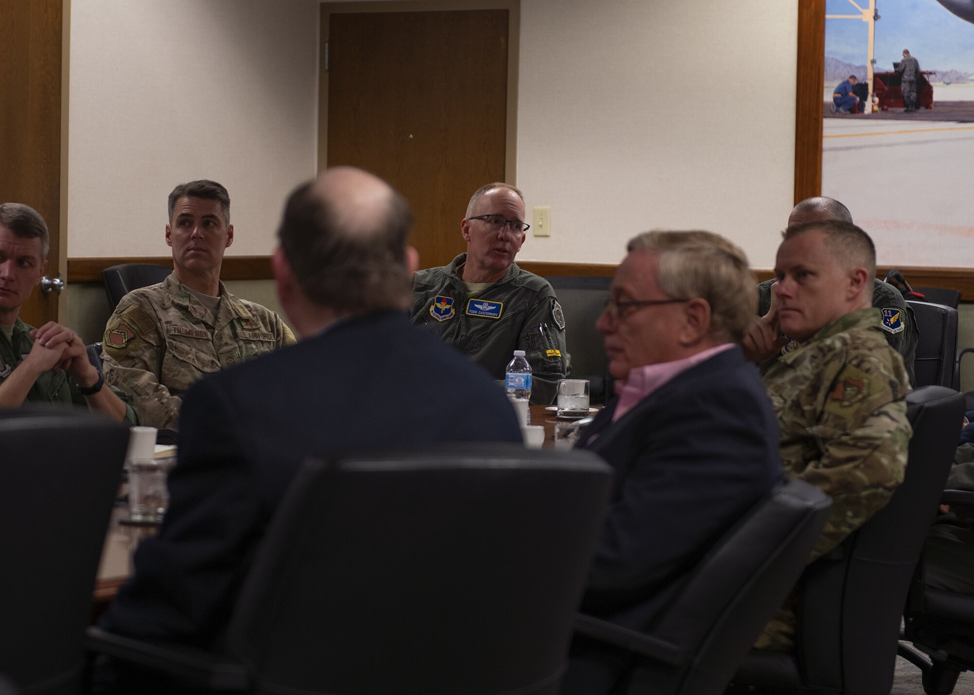 Brig. Gen. Todd Canterbury, 56th Fighter Wing commander, briefs Eielson Air Force Base military and civic leaders about F-35A Lightning II training Nov. 19, 2019, at Luke AFB, Ariz.