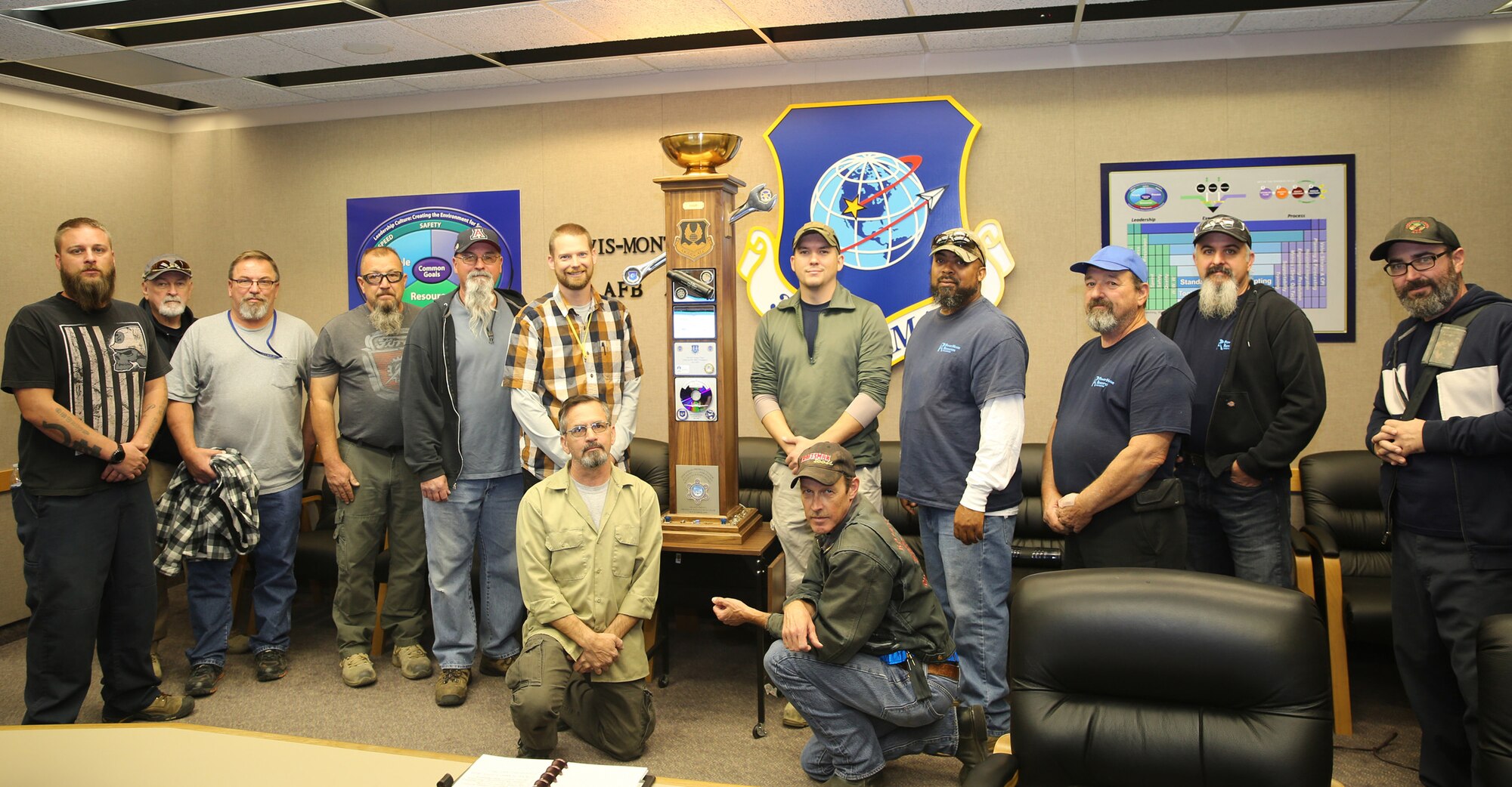 Members of the 309th Support Squadron’s Egress/Air Flight Equipment/Weapons team with the 309th Aerospace and Regeneration Group during the presentation of the L-A-M-P award Nov. 12, 2019, at Davis-Monthan Air Force Base, Arizona. The squadron was recognized for its dedication to safety and maintenance efforts that saved the Department of Defense $500,000.  (U.S. Air Force photo by Terry Pittman)