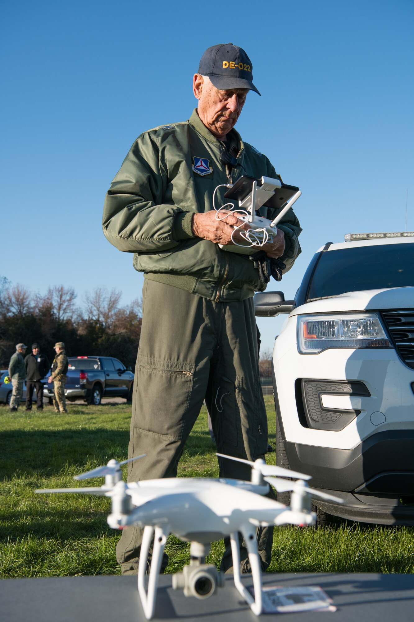 Lt. Col. Gordon Robertson, Delaware Civil Air Patrol director of operations for unmanned aircraft, prepares a commercial unmanned aerial system for flight during the Dover Operational Readiness for a Multi-domain Agile Response Exercise Nov. 13, 2019, at Dover Air Force Base, Del. The Delaware CAP provided pilots and commercial UASs to test the base’s counter UAS capabilities. (U.S. Air Force photo by Mauricio Campino)