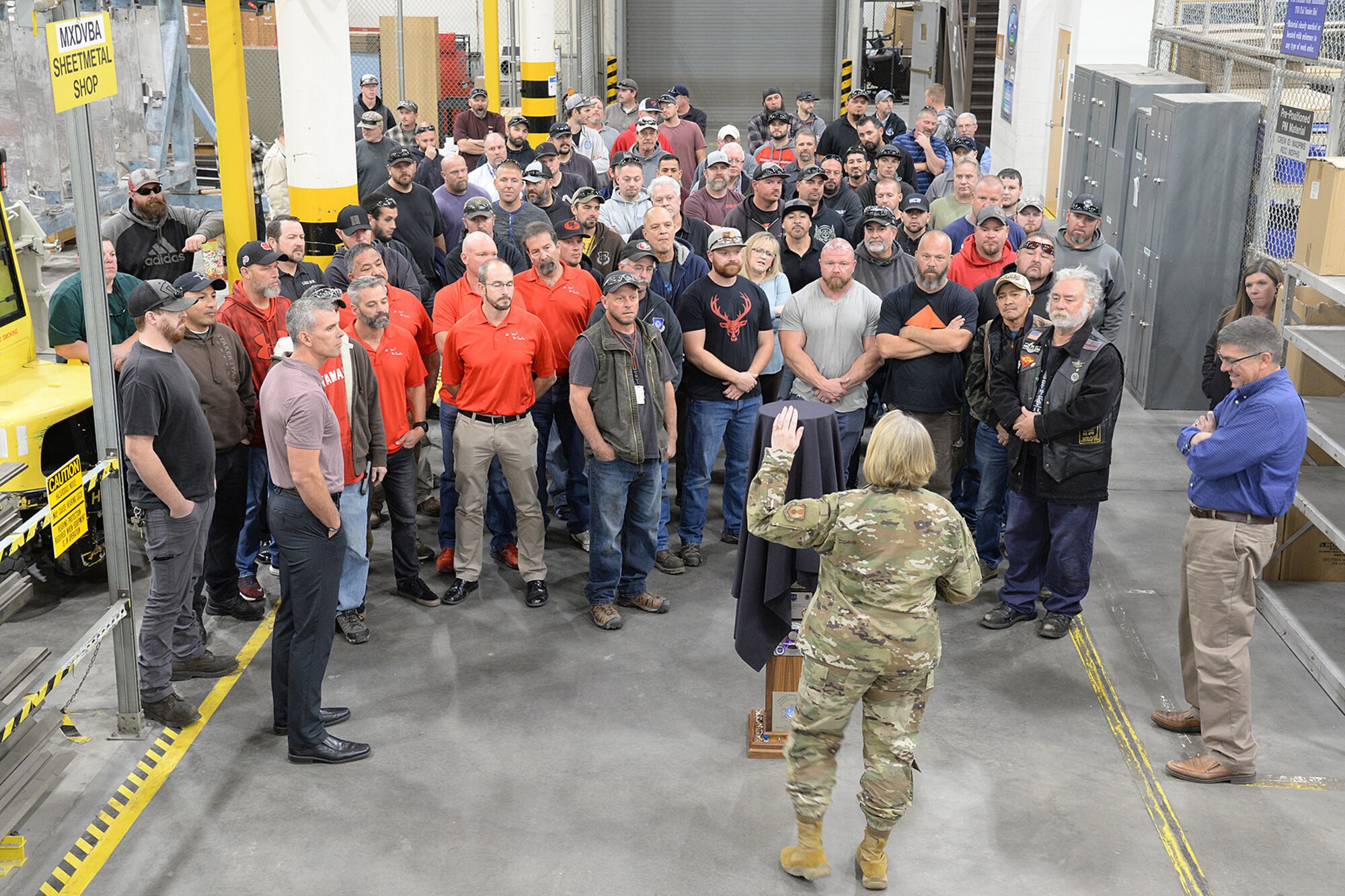 Brigadier Gen. Constance Jenkins, mobilization assistant to the commander for the Ogden Air Logistics Complex, addresses 309th Maintenance Support Squadron members during the L-A-M-P award presentation at Hill Air Force Base, Utah, Oct. 16, 2019. The squadron was being recognized for its dedication to safety and advancing Voluntary Protection Program standards. (U.S. Air Force photo by Alex R. Lloyd)