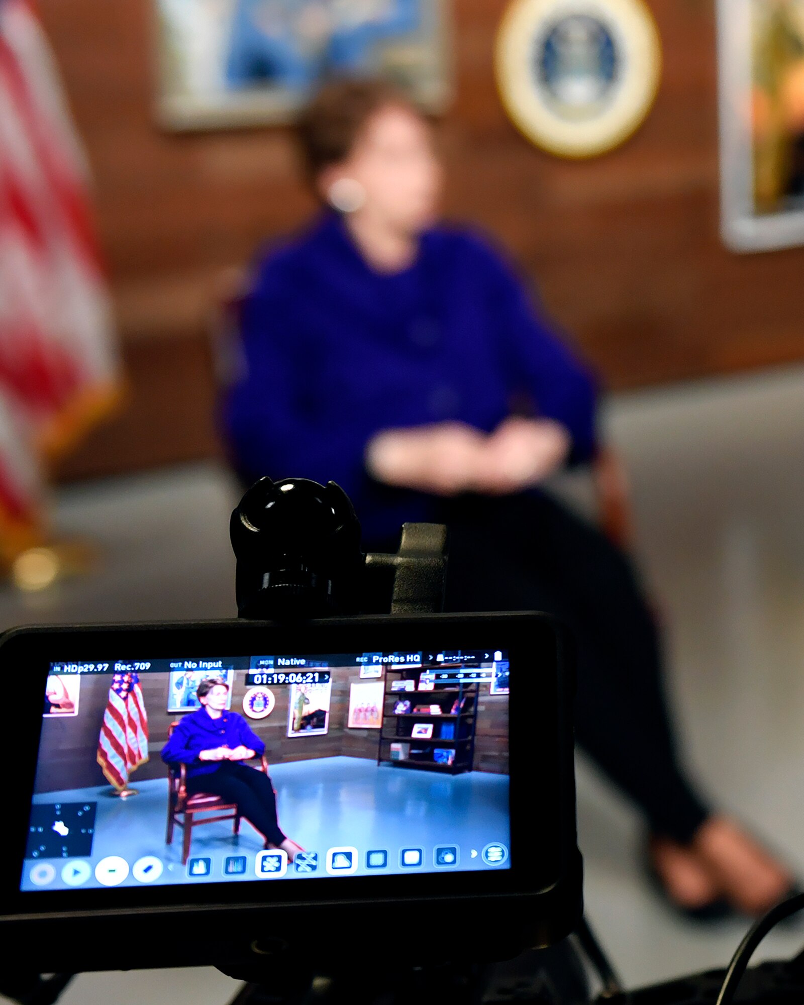 Secretary of the Air Force Barbara Barrett conducts her first Air Force TV interview to Airmen at the Pentagon, Arlington, Va., Oct. 24, 2019. (U.S. Air Force photo by Wayne Clark)