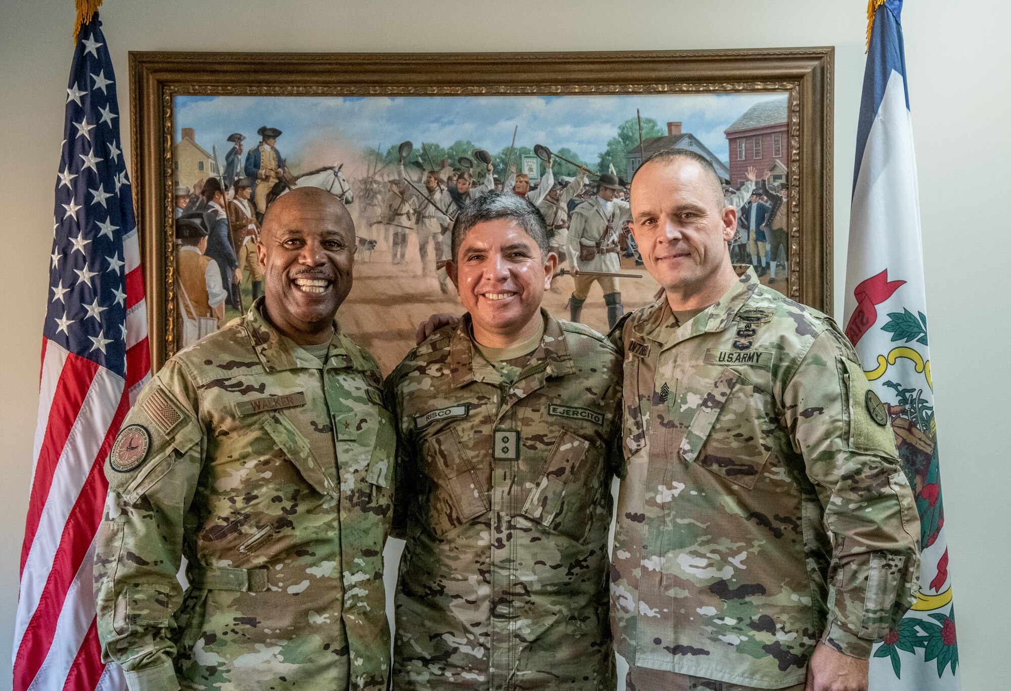 Maj. Gen. Mario E. Risco, Defense and Military Attaché to the Embassy of Peru in Washington, D.C., poses for a photo with Brig. Gen. Christopher “Mookie” Walker, Assistant Adjutant General – Air of the West Virginia National Guard (WVNG), and Senior Enlisted Leader, Command Sgt. Maj. Phillip Cantrell, during a State Partnership Program (SPP) visit at Joint Force Headquarters, Charleston, W.Va.