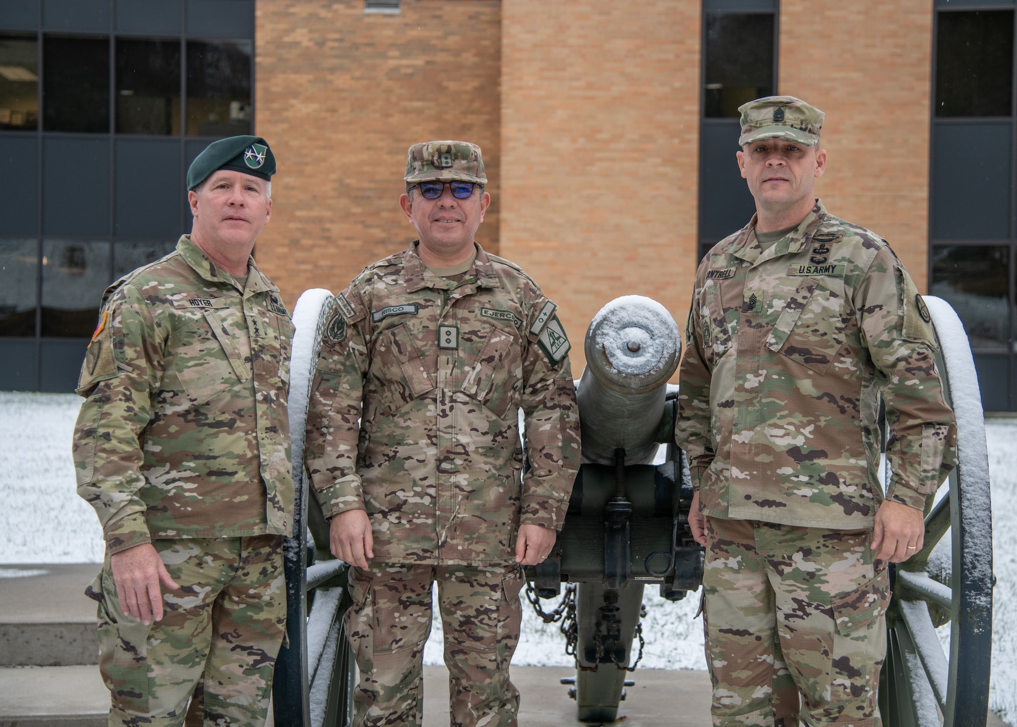 Maj. Gen. Mario E. Risco, Defense and Military Attaché to the Embassy of Peru in Washington, D.C., poses for a photo with Maj. Gen. James Hoyer, Adjutant General of the West Virginia National Guard (WVNG), and Senior Enlisted Leader, Command Sgt. Maj. Phillip Cantrell, during a State Partnership Program (SPP) visit at Joint Forces Headquarters, Charleston, W.Va., Nov. 12, 2019.