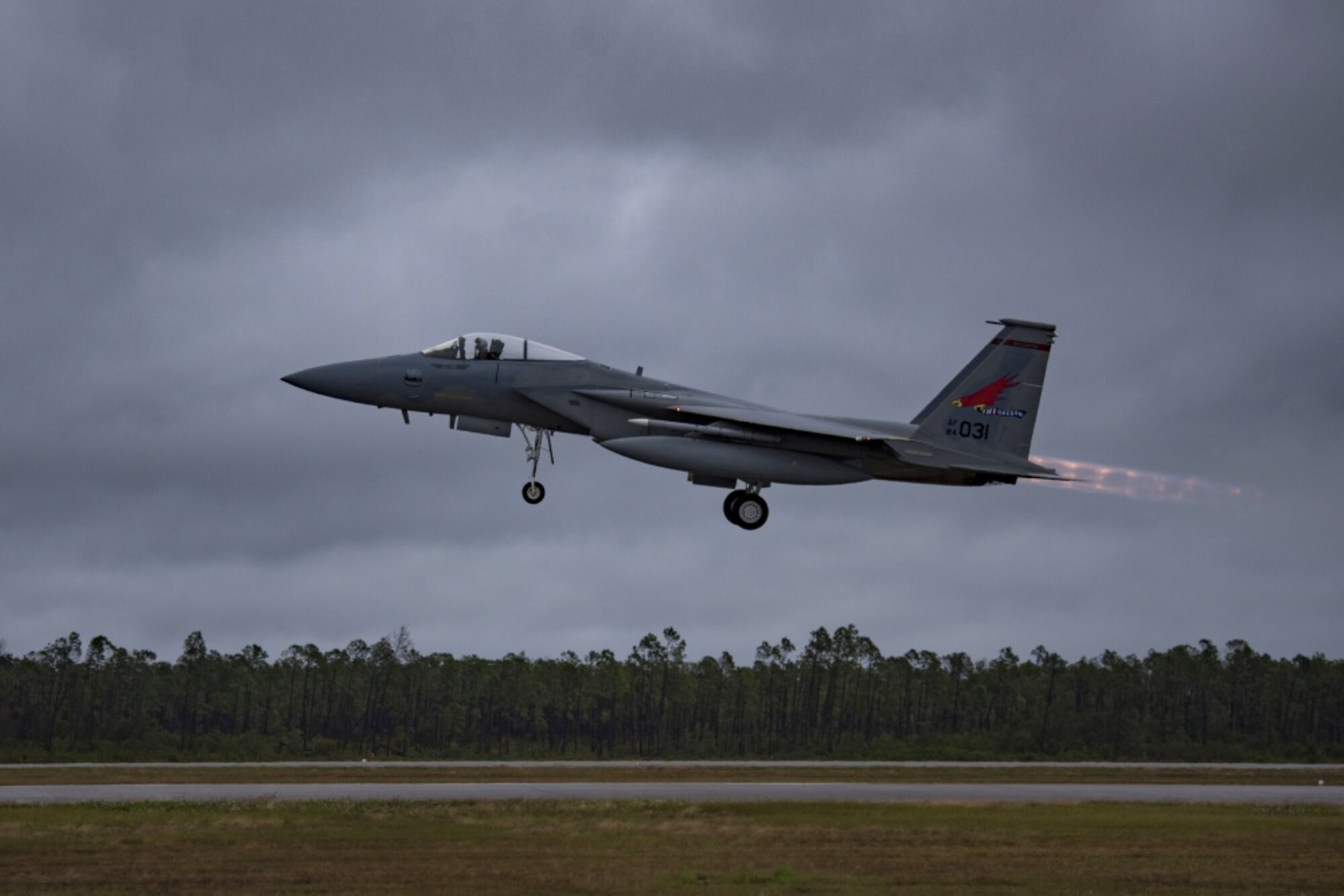 An F-15 Eagle, assigned to the 123rd Fighter Squadron, 142nd Fighter Wing, Oregon Air National Guard Base, takes off from Tyndall Air Force Base, Fla., during exercise Checkered Flag Nov. 12, 2019. Checkered Flag is a multi-airframe, joint-service exercise that enables pilots to carry out complex air-to-air combat scenarios. (U.S. Air National Guard photo by Tech. Sgt. Steph Sawyer)