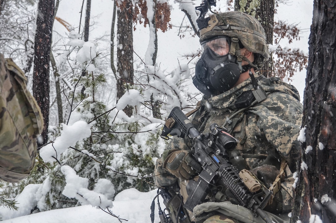 Paratrooper assigned to Charlie Company, 1st Battalion, 508th Parachute Infantry Regiment, provides security outside subway tunnel at Fort A.P. Hill, Virginia, March 21, 2018 (U.S. Army)