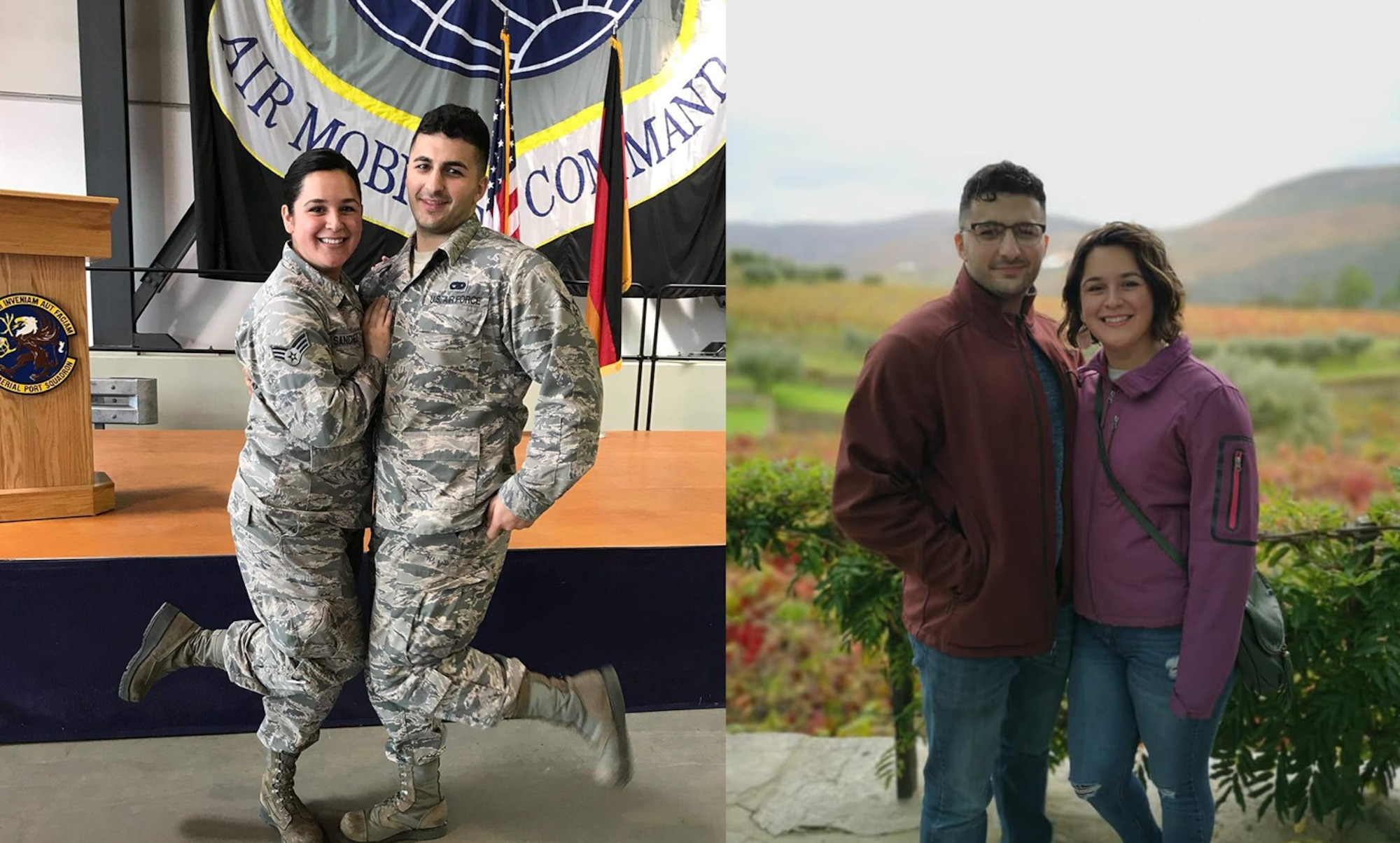 (Left) U.S. Air Force Staff Sgt. John Khandzhayan, a protocol liaison for the 86th Airlift Wing, poses with recently promoted Staff Sgt. Mariela Sanchez, at the 721st Aerial Port Squadron during his promotion to staff sergeant; and (right) the couple poses for a photo together while on vacation in 2019 in Porto, Portugal. (Courtesy photos)