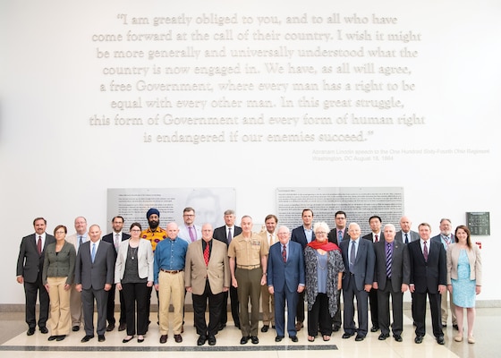 Front row, left to right: Dr. Michelle Getchell, U.S. Naval War College; Colonel Donald Holloway, USAF, National War College;  Dr. Amy Baxter, Air University eSchool; Dr. Donald W. Chisholm, U.S. Naval War College; Dr. Richard L. DiNardo, Marine Corps Staff College; General Joseph J. Dunford, Jr., Chairman of the Joint Chiefs of Staff; Dr. Charles Chadbourne, U.S. Naval War College; Dr. Elizabeth D. Woodward, Air War College; Dr. Benjamin “Frank” Cooling, Eisenhower School; Dr. C.J. Horn, College of Information and Cyberspace; Dr. Jeffrey D. Smotherman, NDU Press; Dr. Bonnie Calabria, College of International Security Affairs. Back row, left to right: Dr. John Terino, Air Command and Staff College; Dr. Paul Springer, Air Command and Staff College; Dr. Jeff Turner, Joint Forces Staff College, Dr. Naunihal Singh, U.S. Naval War College; Dr. James D. Kiras, School of Advanced Air and Space Studies; Dr. William T. Eliason, NDU Press; Dr. Peter Eltsov, College of International Security Affairs; Dr. Brian McNeil, Air War College; Dr. Ryan Wadle, Air University eSchool; Dr. James Chen, College of Information and Cyberspace; Dr. Jack Godwin, NDU Press; Dr. Jaimie Orr, National War College.

Not shown: Dr. Kristin Mulready-Stone, U.S. Naval War College; Dr. Larry D. Miller, U.S. Army War College; Dr. Daniel Marston, U.S. Marine Corps School for Advanced Warfighting.