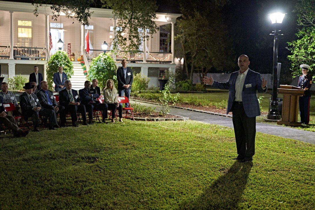 Lt. Gen. David G. Bellon, commander of Marine Forces Reserve and Marine Forces North, addresses guests during his reception celebrating 300 years since the founding of Algiers in New Orleans on Nov. 20, 2019. Algiers was established in 1719 making it the second oldest neighborhood in the city and a historic piece of land to the history of New Orleans. (U.S. Marine Corps photo by Corporal Daniel R. Betancourt Jr.)