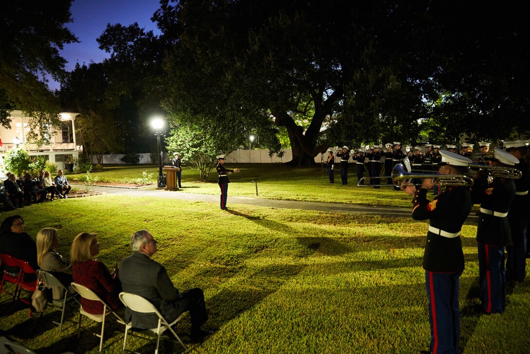 The Marine Forces Reserve Band perform during a reception celebrating 300 years since the founding of Algiers in New Orleans on Nov. 20, 2019. Algiers was established in 1719 making it the second oldest neighborhood in the city and a historic piece of land to the history of New Orleans. (U.S. Marine Corps photo by Corporal Daniel R. Betancourt Jr.)