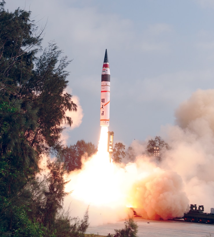 First test flight of Agni-V on April 19, 2012, from Integrated Test Range, Wheeler Island, Orissa (Courtesy Ministry of Defence, Government of India)