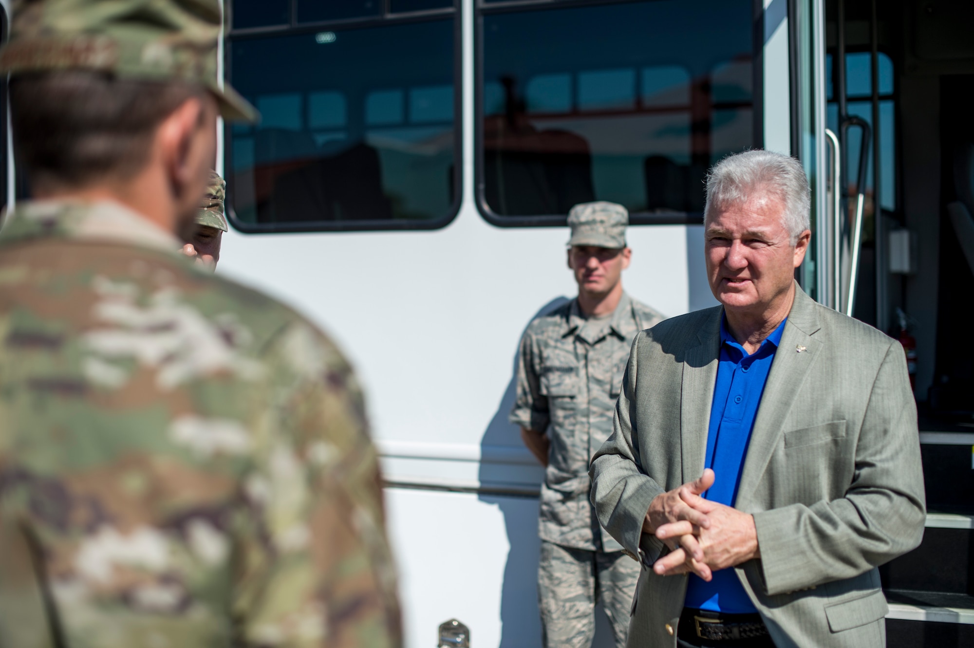Retired Chief Master Sgt. Gerald Murray, the 14th Chief Master Sgt. of the Air Force, speaks with Senior Master Sgt. John Verrecchio, the 6th Air Refueling Wing’s career assistance advisor, during a visit at MacDill Air Force Base Fla., Nov. 19, 2019.