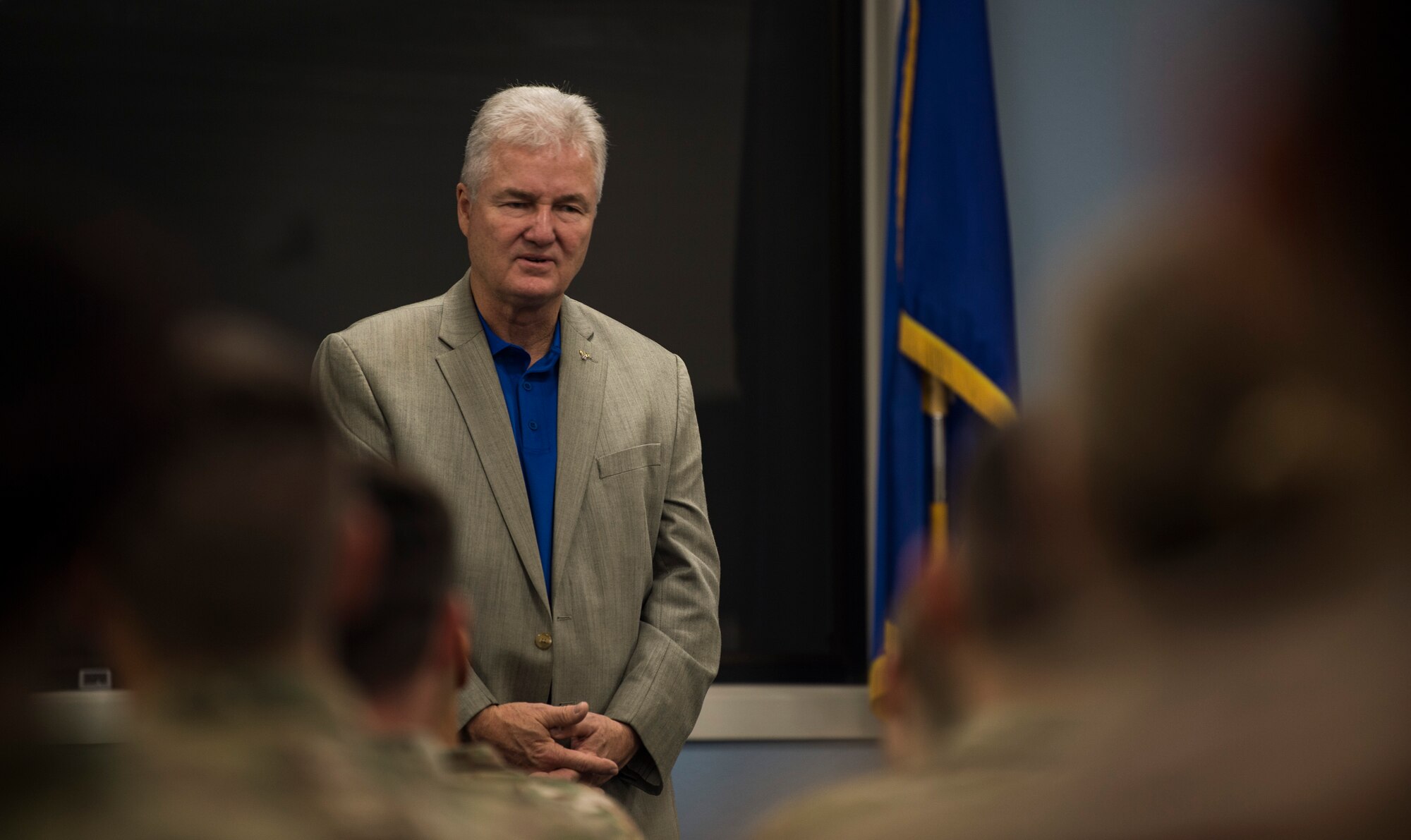 Retired Chief Master Sgt. Gerald Murray, the 14th Chief Master Sgt. of the Air Force, speaks to developmental special duty vector fair members during his visit to MacDill Air Force Base, Fla., Nov. 19, 2019.
