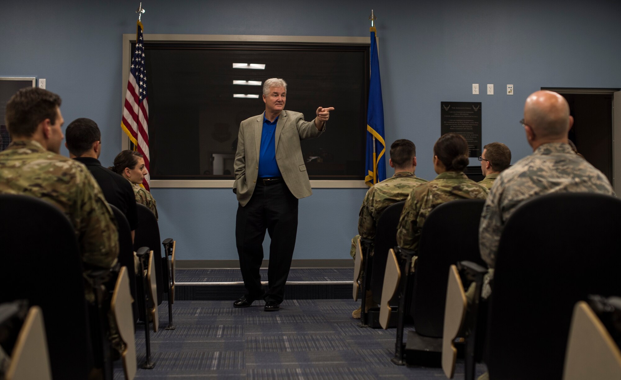 Retired Chief Master Sgt. Gerald Murray, the 14th Chief Master Sgt. of the Air Force, calls on a student of Airman Leadership School Class 20A during a visit to MacDill Air Force Base, Fla., Nov. 19, 2019.