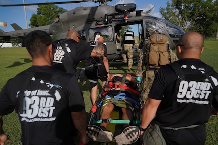 Members of the Hawaii National Guard's 93rd Civil Support Team load an Airman with a simulated injury on a Guam National Guard Lakota helicopter for transport during exercise Vigilant Guard 2020, Guam, Nov. 21, 2019.