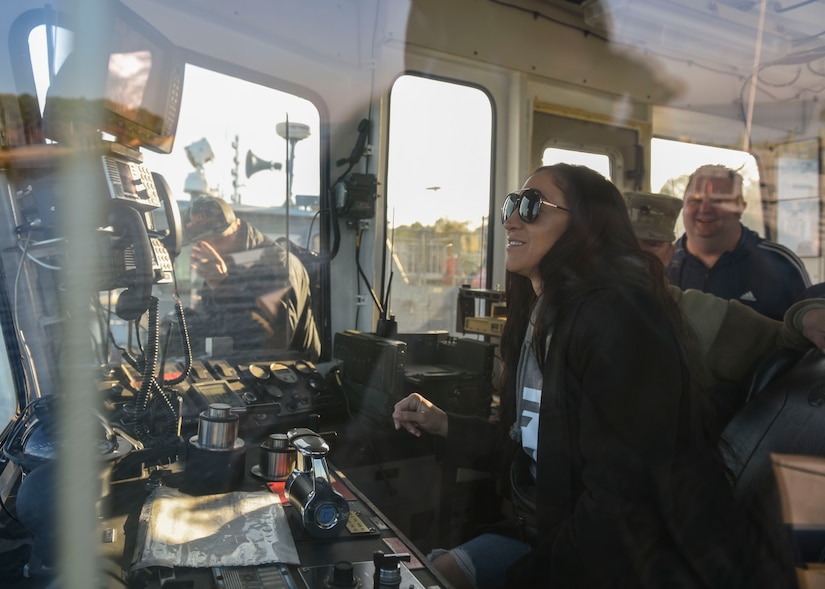 Jessica Penne, mixed martial arts fighter and Cage Fury Fighting Championship commentator, tours a patrol boat at Joint Base Langley-Eustis, Virginia, Nov. 21, 2019.