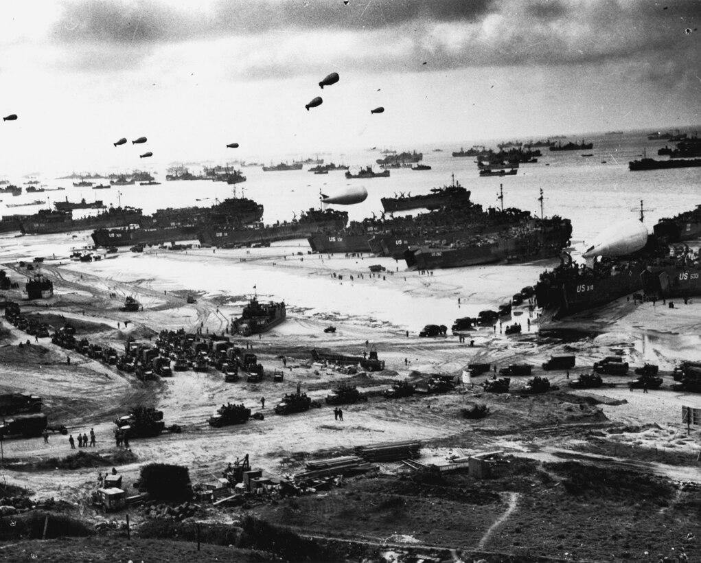 Panoramic view of Omaha beachhead after it was secured, mid-June 1944 (U.S. Coast Guard/U.S. National Archives)