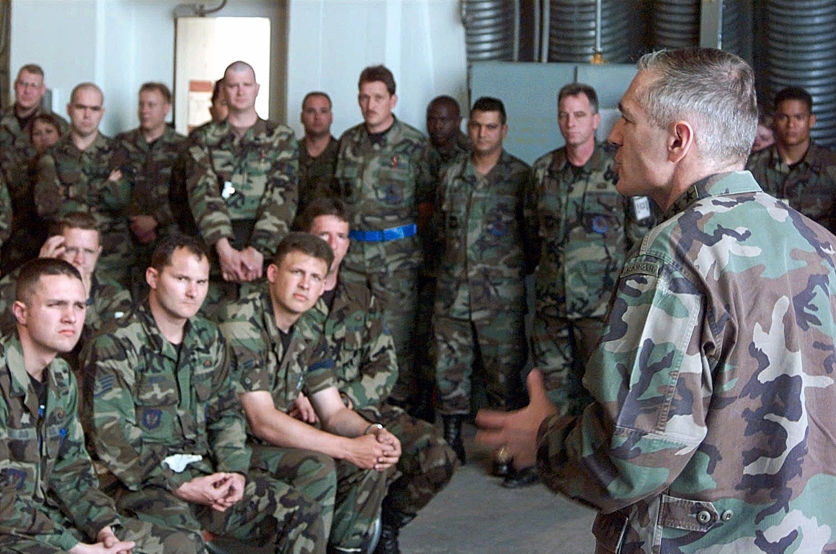 Supreme Allied Commander Europe General Wesley Clark meets with members of 510th Fighter Squadron and 555th Fighter Squadron deployed to Aviano Air Base, Italy, on May 9, 1999, in support of Operation Allied Force (U.S. Air Force)