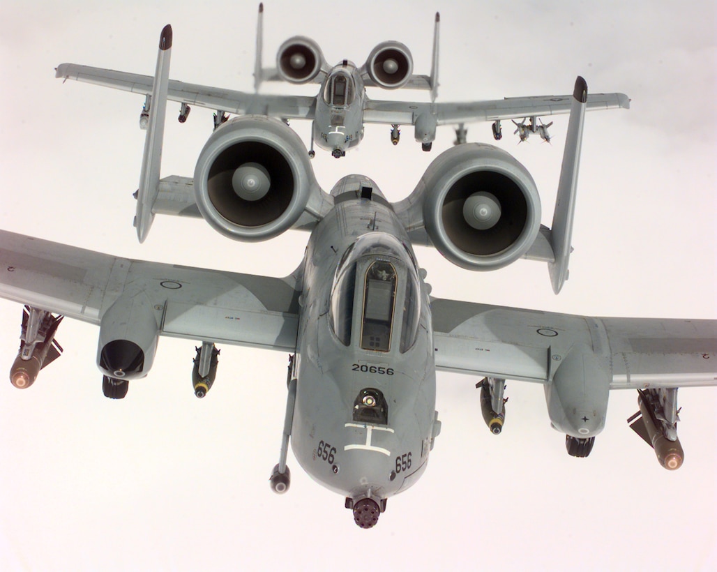 Two U.S. Air Force A-10A Warthogs, from 52nd Fighter Wing, 81st Fighter Squadron, Spangdhalem Air Base, Germany, in flight during NATO Operation Allied Force combat mission, April 22, 1999 (U.S. Air Force/Greg L. Davis)
