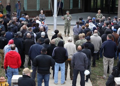 While visiting the shipyard Nov. 22, VADM Thomas Moore, Commander, Naval Sea Systems Command (NAVSEA), thanked Norfolk Naval Shipyard (NNSY) and Defense Logistics Agency (DLA) personnel for their work on USS Harry S. Truman (CVN 75).