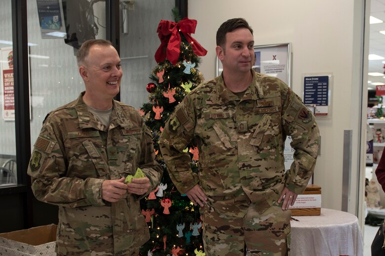 A photo of Airmen socializing during a holiday event.