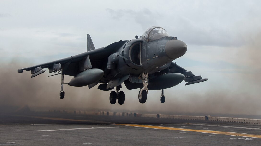 An AV-8B Harrier with Marine Medium Tiltrotor Squadron 163, 11th Marine Expeditionary Unit, prepares to land aboard the amphibious assault ship USS Boxer during an air power demonstration. The Marines and Sailors of the 11th MEU are conducting routine operations as part of the Boxer Amphibious Ready Group in the eastern Pacific Ocean.
