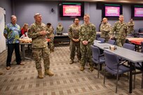 Joint Task Force Civil Support (JTF-CS) Commanding General U.S. Army Maj. Gen. William “Bill” Hall gives opening remarks during the JTF-CS Thanksgiving pot-luck at the command headquarters at Joint Base Langley-Eustis. JTF-CS Morale, Welfare and Recreation (MWR) hosts this event every year to promote comradery, morale and well-being for command personnel, as well as to give their family members a chance to see what JTF-CS is all about. (Official DoD photo by Mass Communication Specialist 3rd Class Michael Redd/RELEASED)