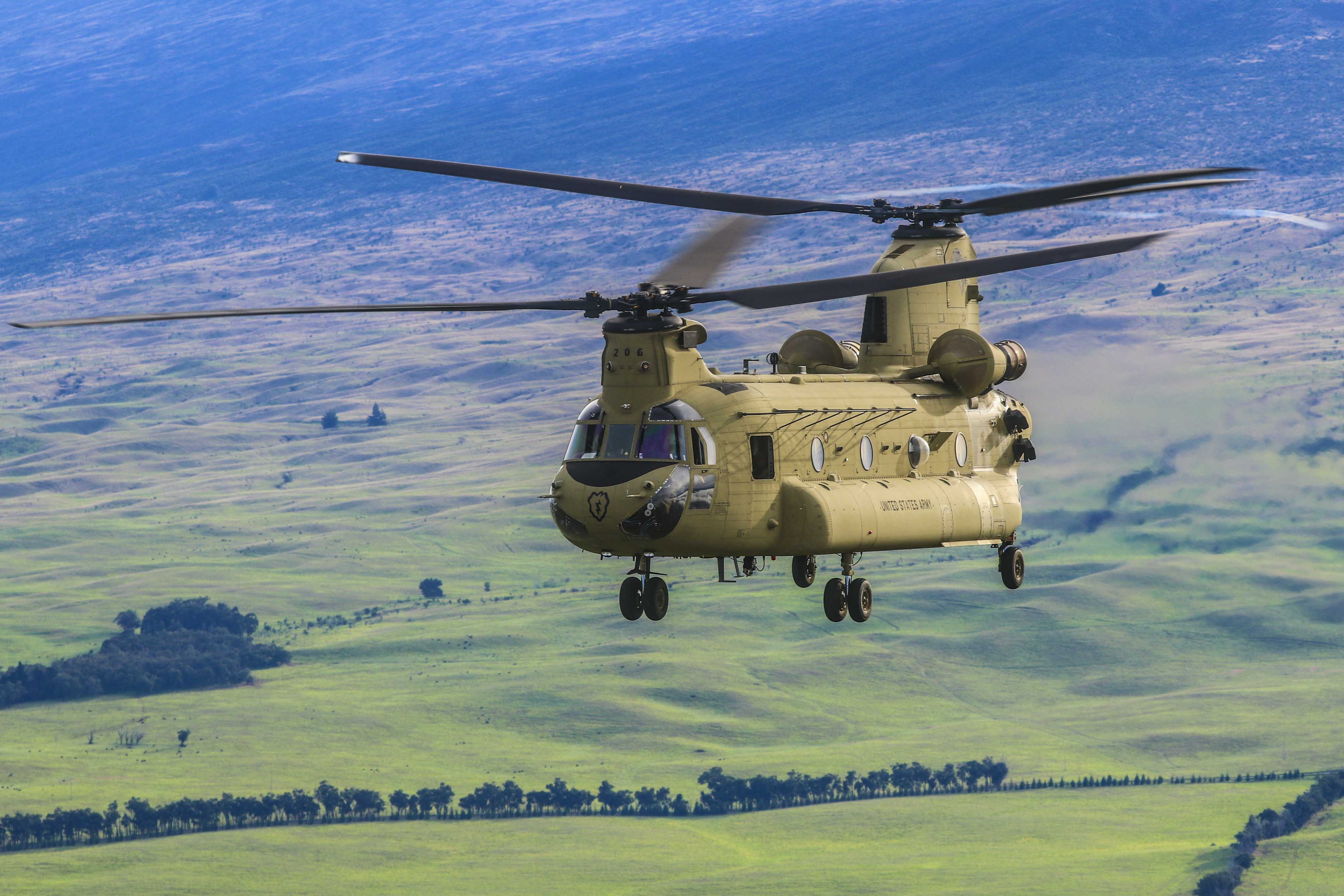 An Army Chinook helicopter provides troop lift support to soldiers at
