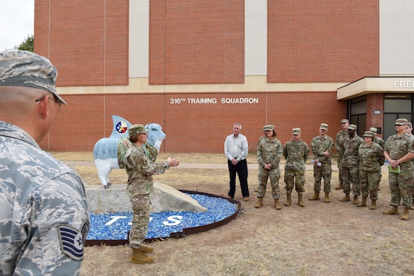 U.S. Air Force Maj. Gen. Andrea Tullos, 2nd Air Force commander, speaks to members of the 316th Training Squadron during her tour of Goodfellow Air Force Base, Texas, Nov. 21, 2019. During her tour of the 316th TRS, Tullos was shown how they are ensuring joint-force lethality in contested environments. (U.S. Air Force photo by Airman 1st Class Zachary Chapman/Released)