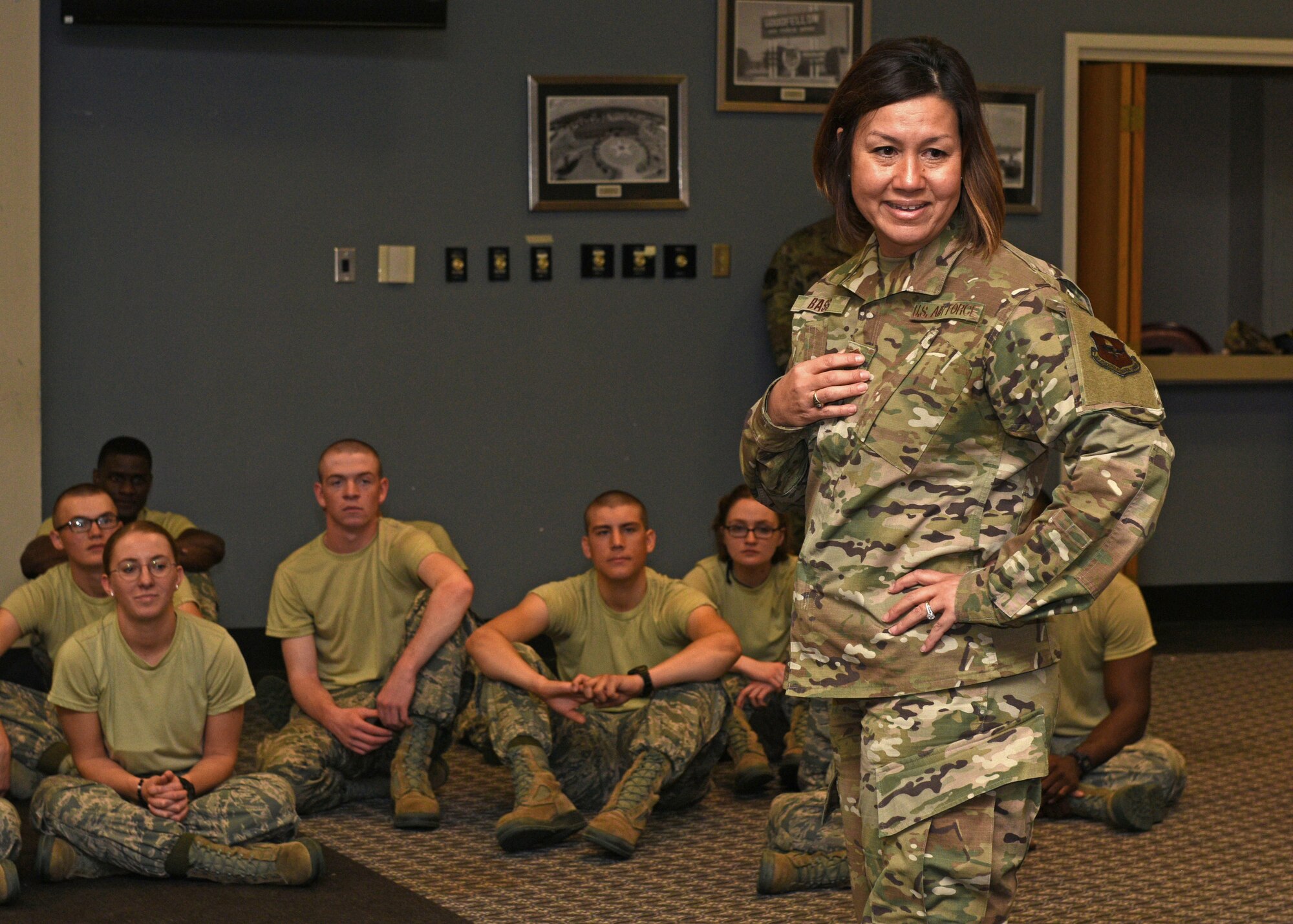 U.S. Air Force Chief Master Sgt. Joanne Bass, 2nd Air Force command chief master sergeant, connects with students at the Event Center, Goodfellow Air Force Base, Texas, Nov. 20, 2019. Bass expressed the importance of connecting with fellow Airmen to handle challenges and successes throughout their Air Force careers. (U.S. Air Force photo by Airman 1st Class Robyn Hunsinger/Released)