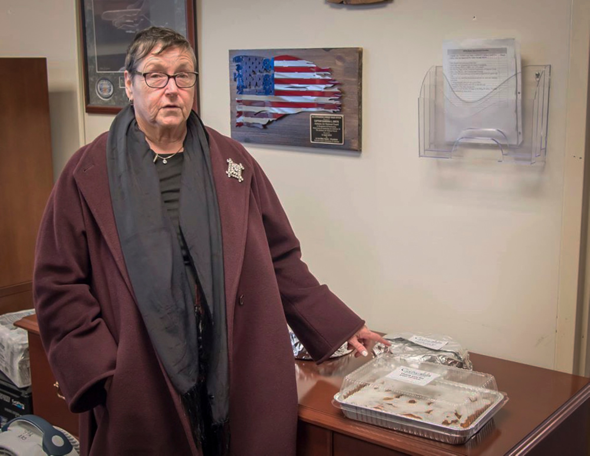 Jane Hauth deilvers cakes and other treats to the airment at the 117th Air Refueling Wing, Sumpter Smith, Birmingham, Alabama November 15, 2019.