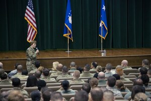 Lt. Gen. Dorothy Hogg speaks to Airmen