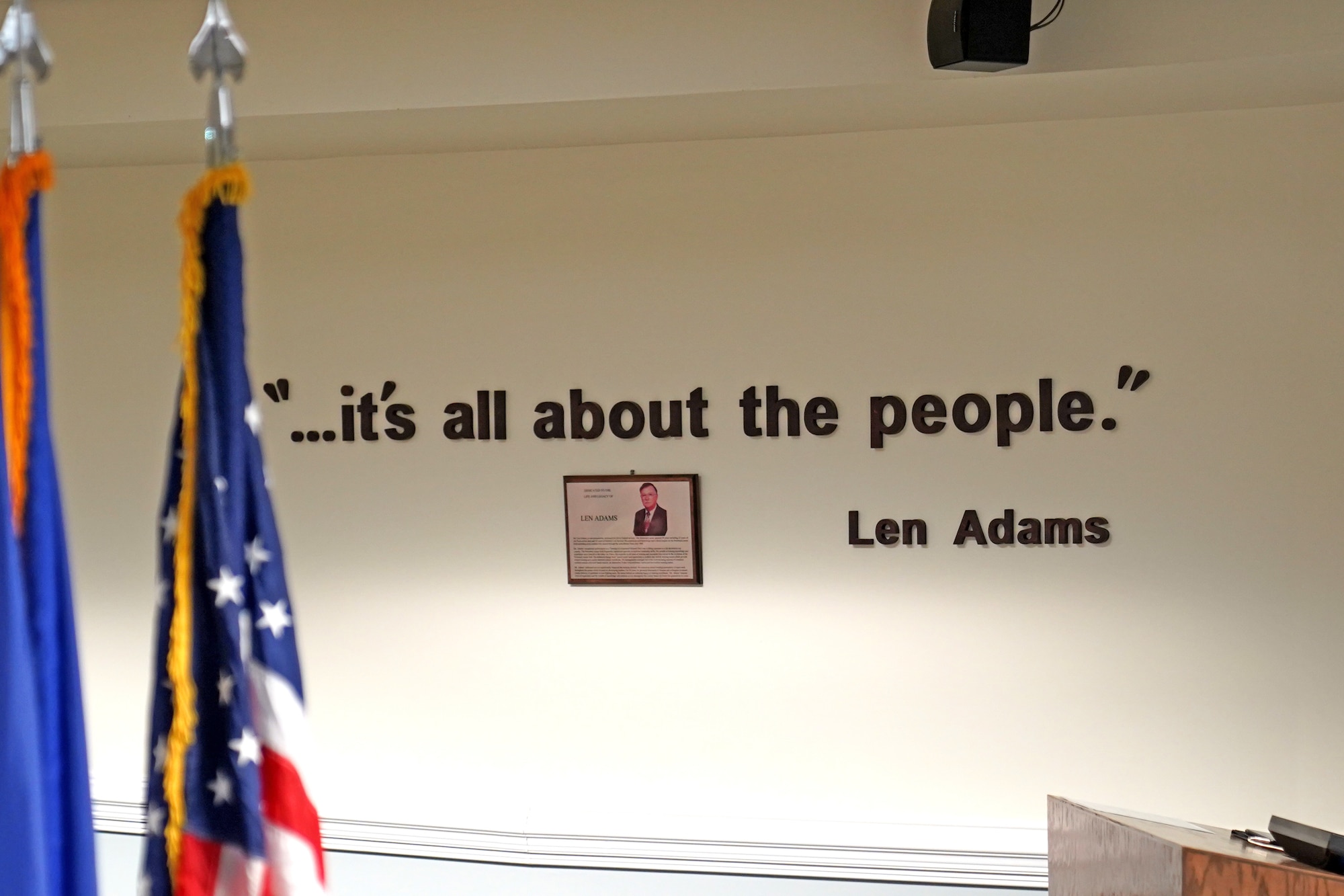 A quote is displayed during a religious affairs course graduation inside Wolfe Hall at Keesler Air Force Base, Mississippi, Nov. 22, 2019. The six-week course was relocated and revamped to improve the quality of training for students. (U.S. Air Force photo by Airman Seth Haddix)