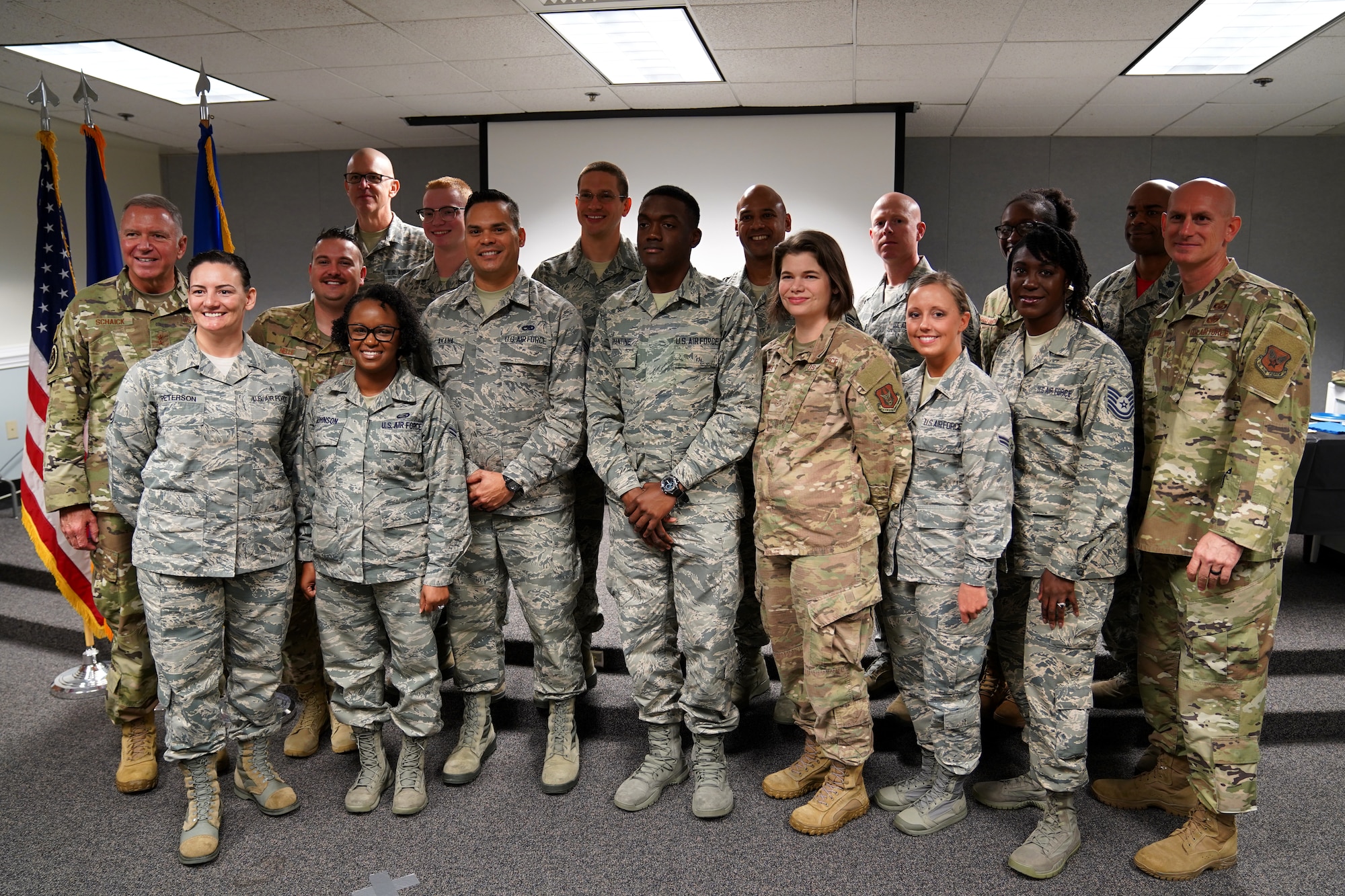 Religious affairs course students pose for a picture during their graduation inside Wolfe Hall at Keesler Air Force Base, Mississippi, Nov. 22, 2019. The six-week course was relocated and revamped to improve the quality of training for students. (U.S. Air Force photo by Airman Seth Haddix)