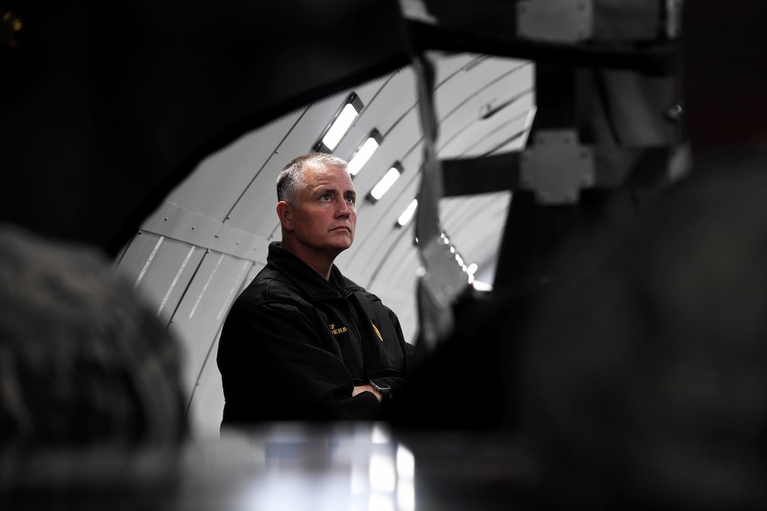 Roger Xanders, Wichita Airport Police and Fire chief, examines the interior of a KC-46 Pegasus fuselage trainer Nov. 12, 2019, at McConnell Air Force Base, Kan. The fuselage trainer, which is currently one of two KC-46 trainers in the world, replicates the interior body of KC-46. (U.S. Air Force photo by Airman 1st Class Nilsa E. Garcia)