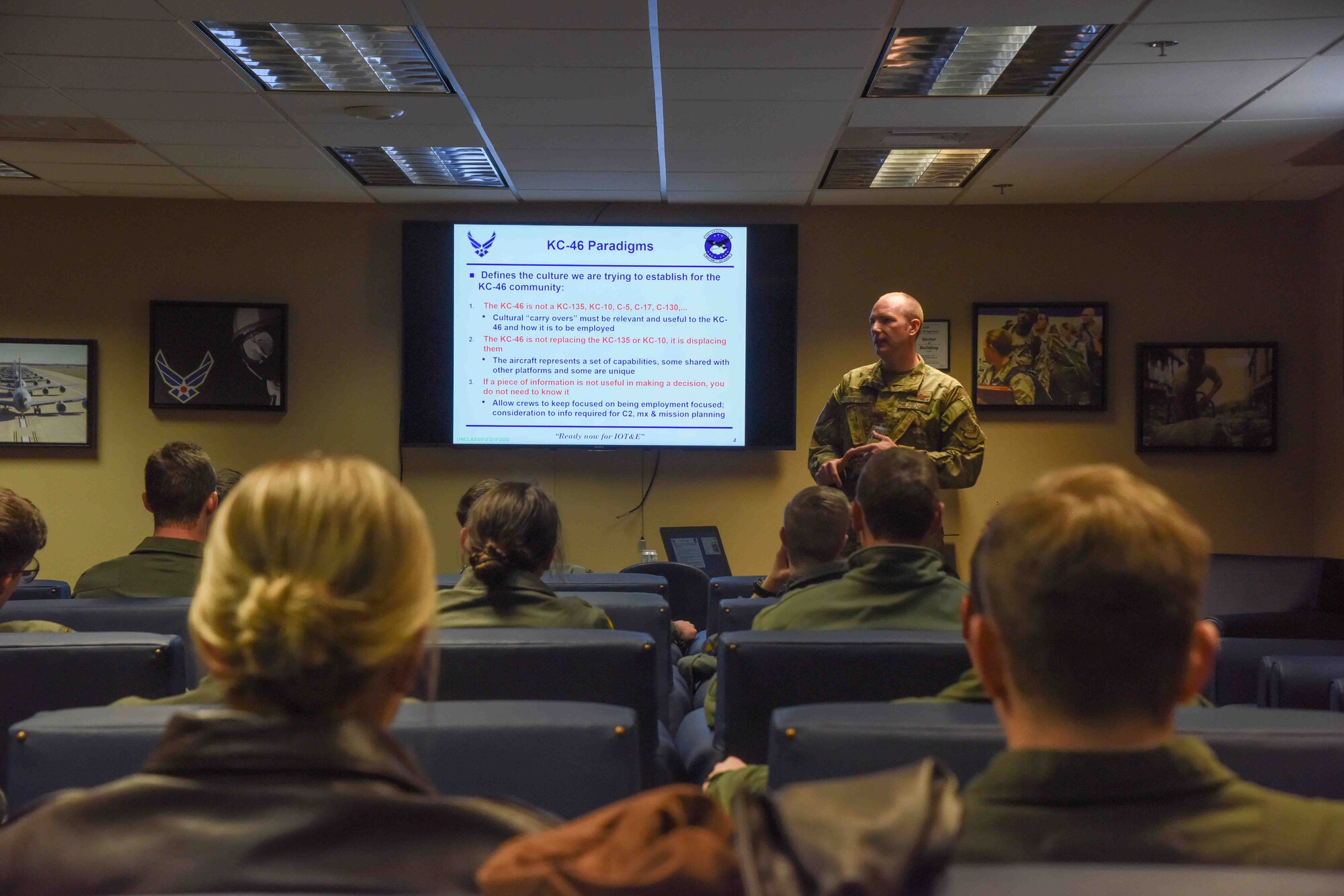 Maj. Timothy Bexten, 344th Air Refueling Squadron assistant director of operations, briefs students in Undergraduate Pilot Training on the mission and abilities of the KC-46 Pegasus during the Air Education and Training Command Fly-In Nov. 15, 2019, at McConnell Air Force Base, Kan. The opportunities presented in the AETC Fly-In provided students with knowledge to make educated career decisions. (U.S. Air Force photo by Airman 1st Class Marc A. Garcia)