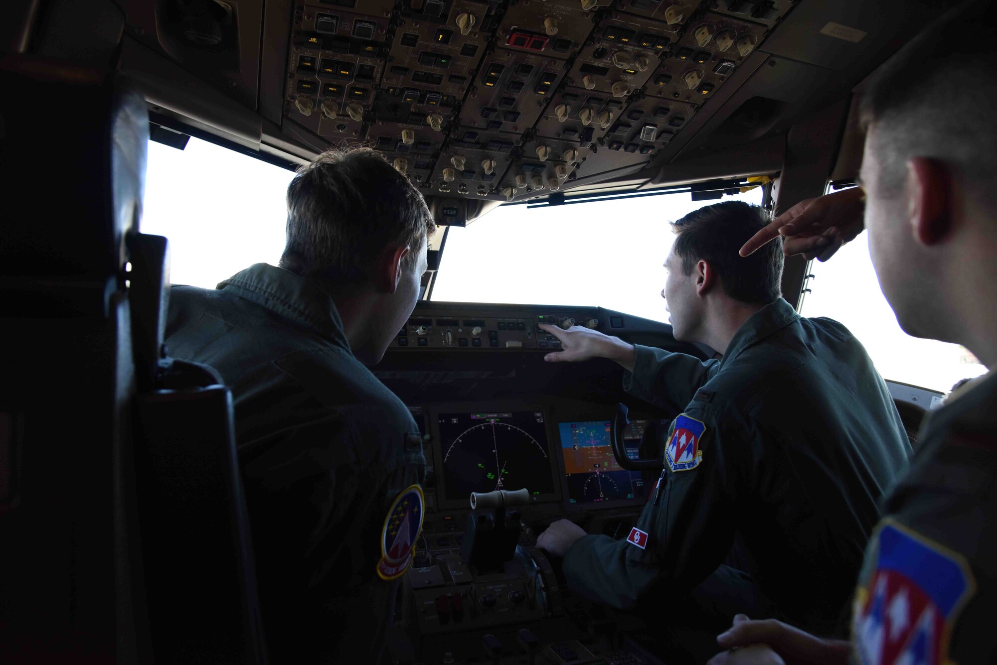 Students in Undergraduate Pilot Training familiarize themselves with the KC-46 Pegasus cockpit during the Air Education and Training Command Fly-In Nov. 15, 2019, at McConnell Air Force Base, Kan. The event was geared toward educating students in McConnell’s mission and the missions of the KC-135 Stratotanker and the KC-46. (U.S. Air Force photo by Airman 1st Class Marc A. Garcia)