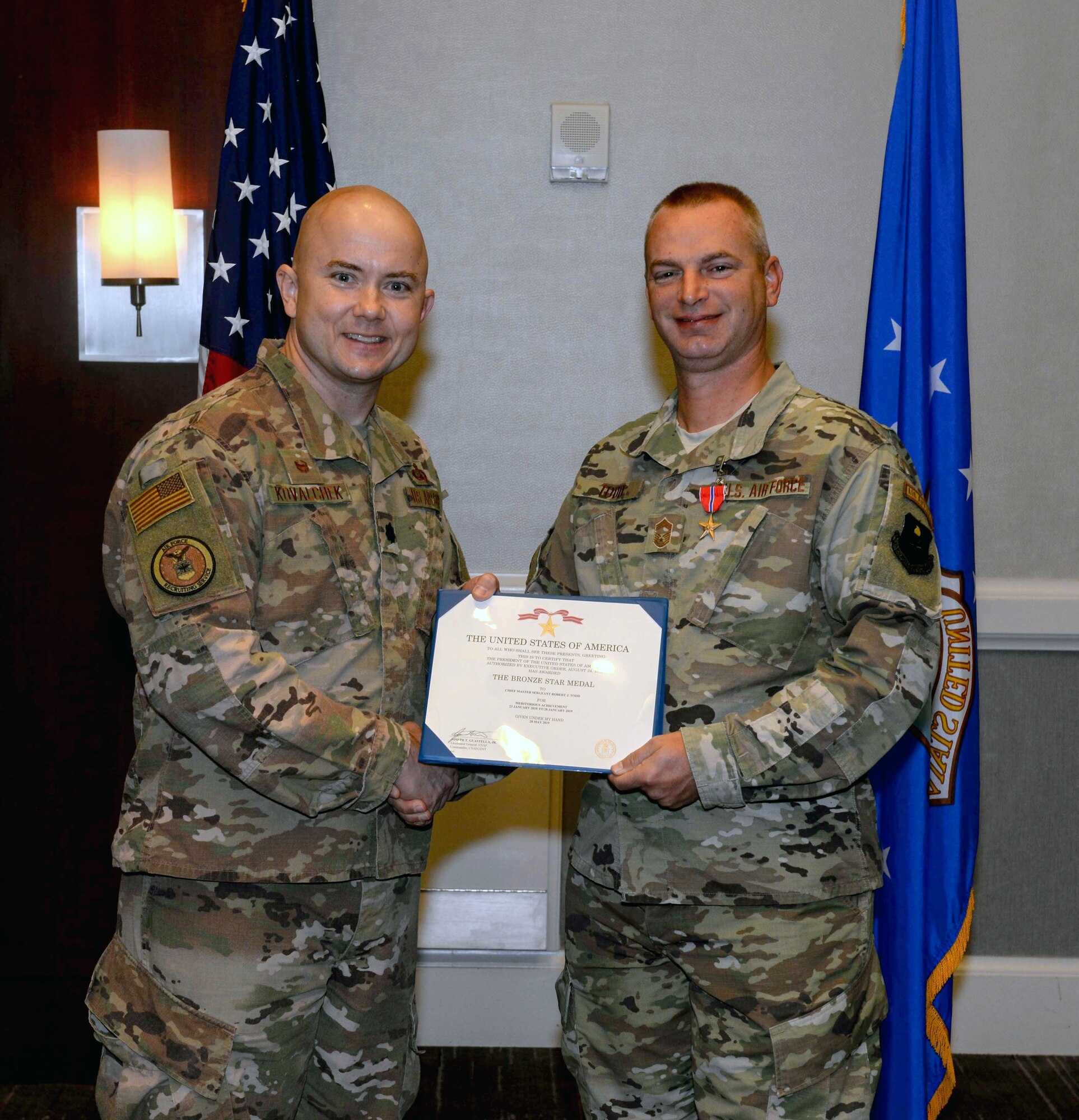 Chief Master Sgt. Robert J. Todd, 332 Recruiting Squadron superintendent, is awarded the Bronze Star medal on Nov. 9, 2019, in Huntsville, Ala.