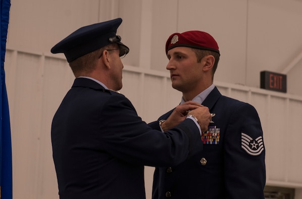 U.S. Air Force Lt. Gen. Jim Slife, left, commander of Air Force Special Operations Command, presents a Silver Star Medal to U.S. Air Force Tech. Sgt. Cody Smith, a Special Tactics combat controller with the 26th Special Tactics Squadron, during a ceremony at Cannon Air Force Base, New Mexico, Nov. 22, 2019. Smith was awarded the nation’s third highest medal against an armed enemy of the United States in combat for his actions while deployed to Afghanistan in October 2018. (U.S. Air Force photo by Senior Airman Rachel Williams)