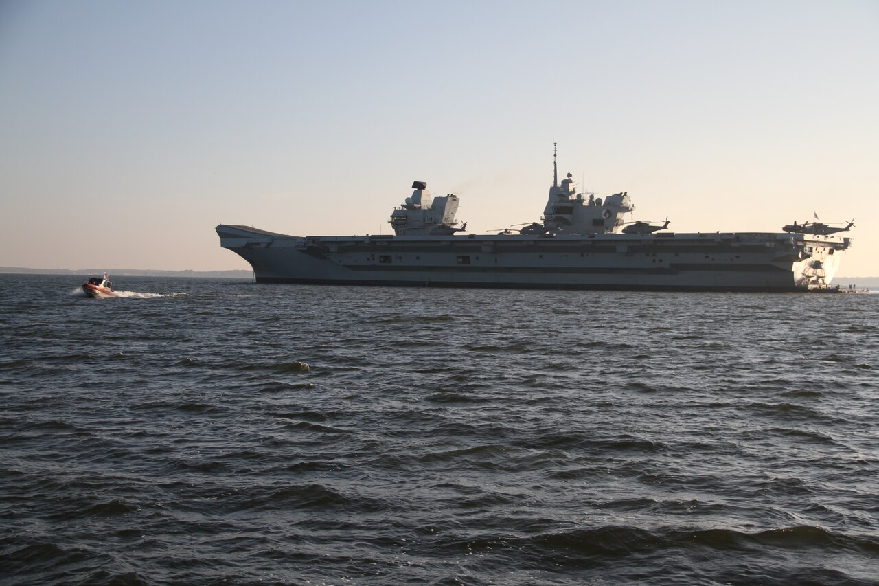 Aircraft carrier HMS Queen Elizabeth at anchor in the Chesapeake Bay.