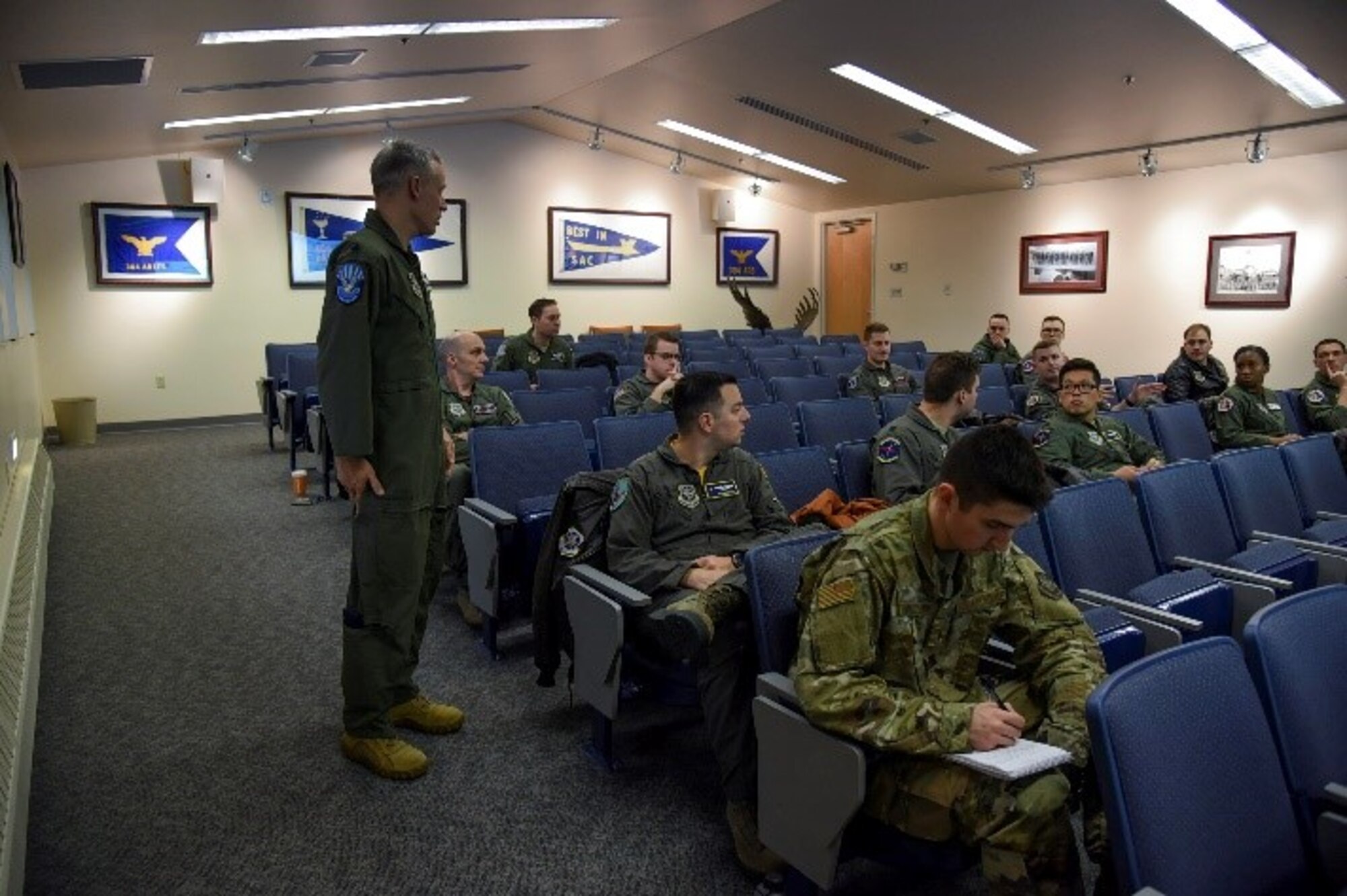 U.S. Air Force Lt. Col. Jacob Thornburg, Air Mobility Command chief of force development, speaks to company grade officers during the Rated Officer Development Roadshow at Fairchild Air Force Base, Nov. 15, 2019.