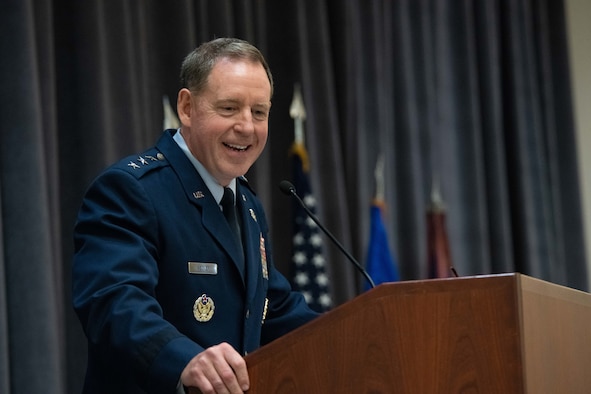 Lt. Gen. James B. Hecker, Air University commander and president, addresses a crowd during an assumption of command ceremony Nov. 22, 2019, at Maxwell Air Force Base, Alabama. As the new AU commander and president, Hecker will be responsible for leading the intellectual and leadership center of the U.S. Air Force, graduating more than 50,000 resident and 120,000 non-resident officers, enlisted and civilian personnel each year.