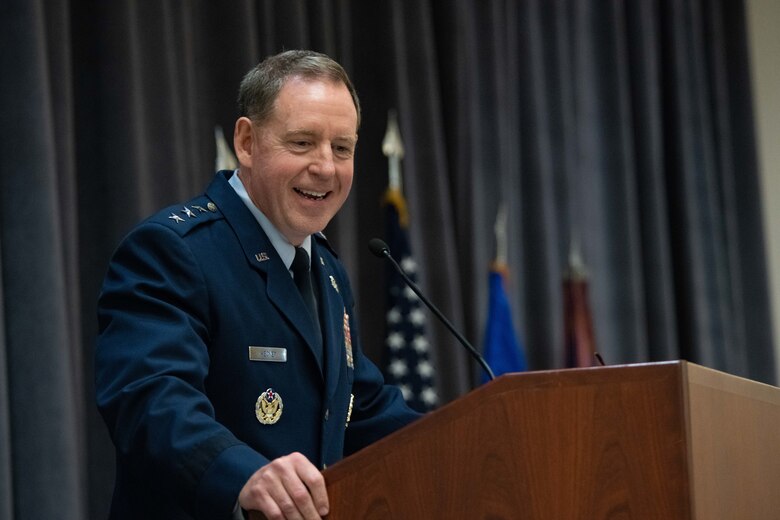 Lt. Gen. James B. Hecker, Air University commander and president, addresses a crowd during an assumption of command ceremony Nov. 22, 2019, at Maxwell Air Force Base, Alabama. As the new AU commander and president, Hecker will be responsible for leading the intellectual and leadership center of the U.S. Air Force, graduating more than 50,000 resident and 120,000 non-resident officers, enlisted and civilian personnel each year.