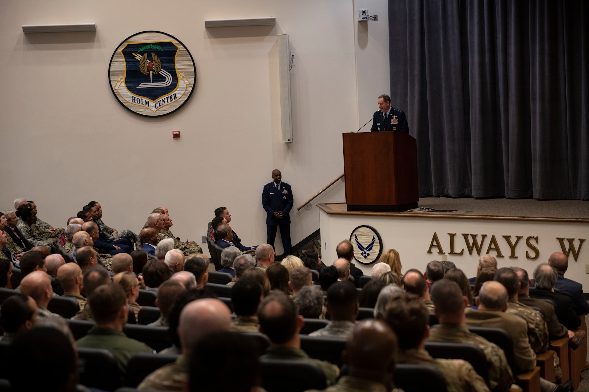 Lt. Gen. Brad Webb, commander of Air Education and Training Command, addresses the audience during an assumption of command ceremony in which Lt. Gen. James B. Hecker takes over as the commander and president of Air University Nov. 22, 2019, at Maxwell Air Force Base, Alabama. The AU is responsible for officer commissioning through Officer Training School and the Reserve Officer Training Corps.