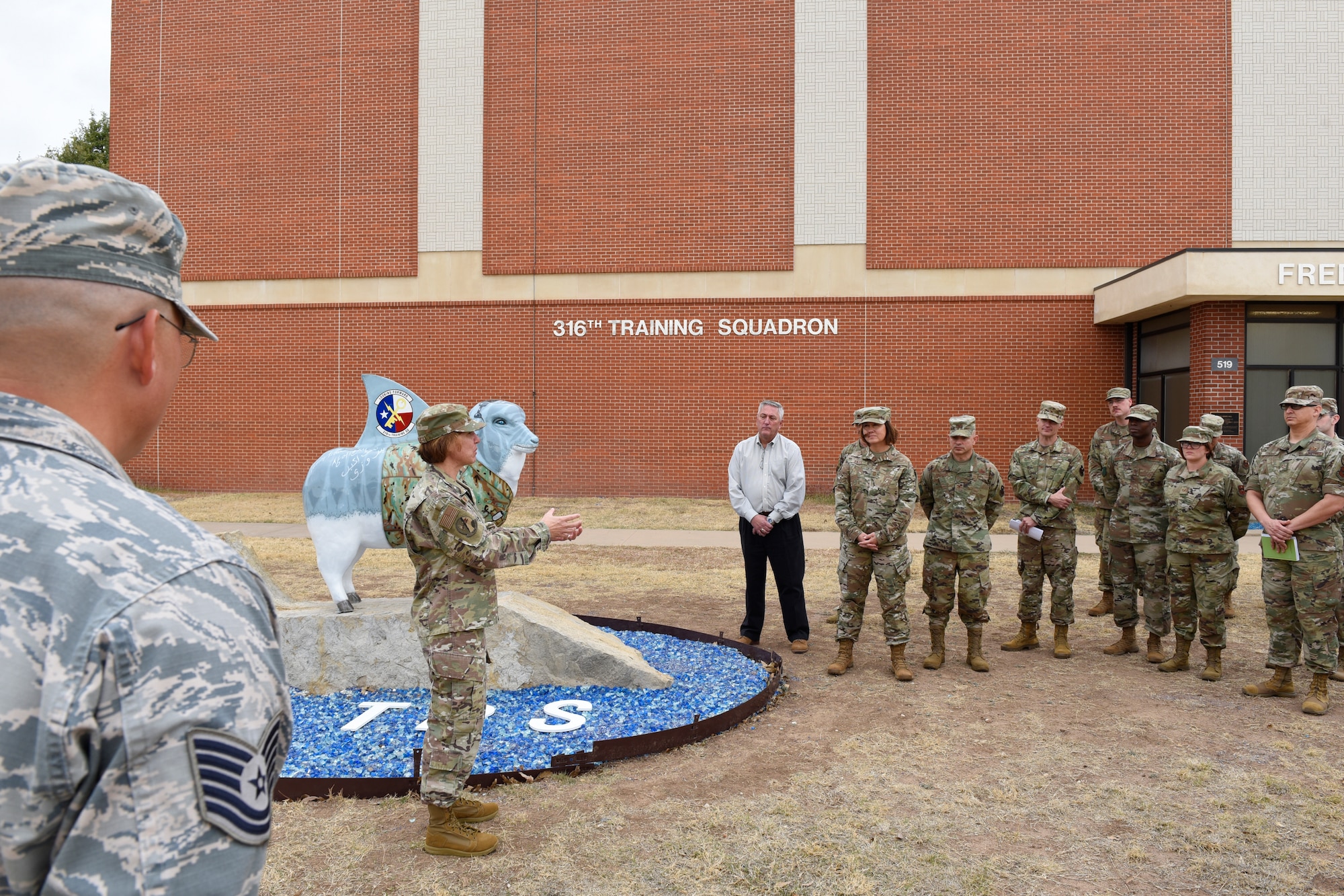 U.S. Air Force Maj. Gen. Andrea Tullos, 2nd Air Force commander, speaks to members of the 316th Training Squadron during her tour of Goodfellow Air Force Base, Texas, Nov. 21, 2019. During her tour of the 316th TRS, Tullos was shown how they are ensuring joint-force lethality in contested environments. (U.S. Air Force photo by Airman 1st Class Zachary Chapman/Released)