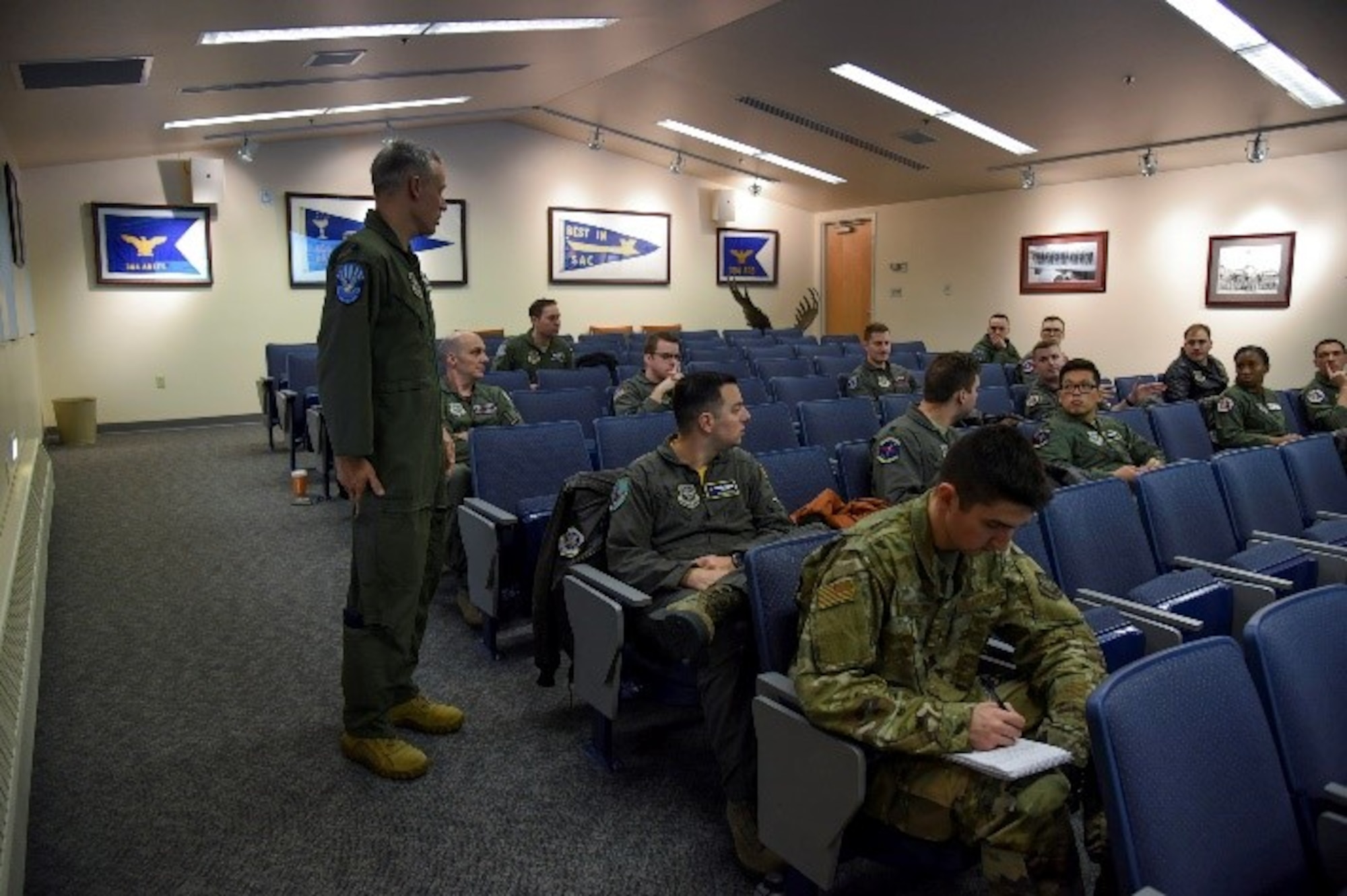 U.S. Air Force Lt. Col. Jacob Thornburg, Air Mobility Command chief of force development, speaks to company grade officers during the Rated Officer Development Roadshow at Fairchild Air Force Base, Nov. 15, 2019.