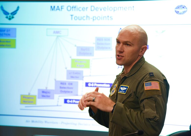 U.S. Air Force Capt. Brandon Krupa, Air Mobility Command deputy chief force development, speaks to a group of company grade officers during the Rated Officer Development Road Show at Fairchild Air Force Base, Washington, Nov. 15, 2019.