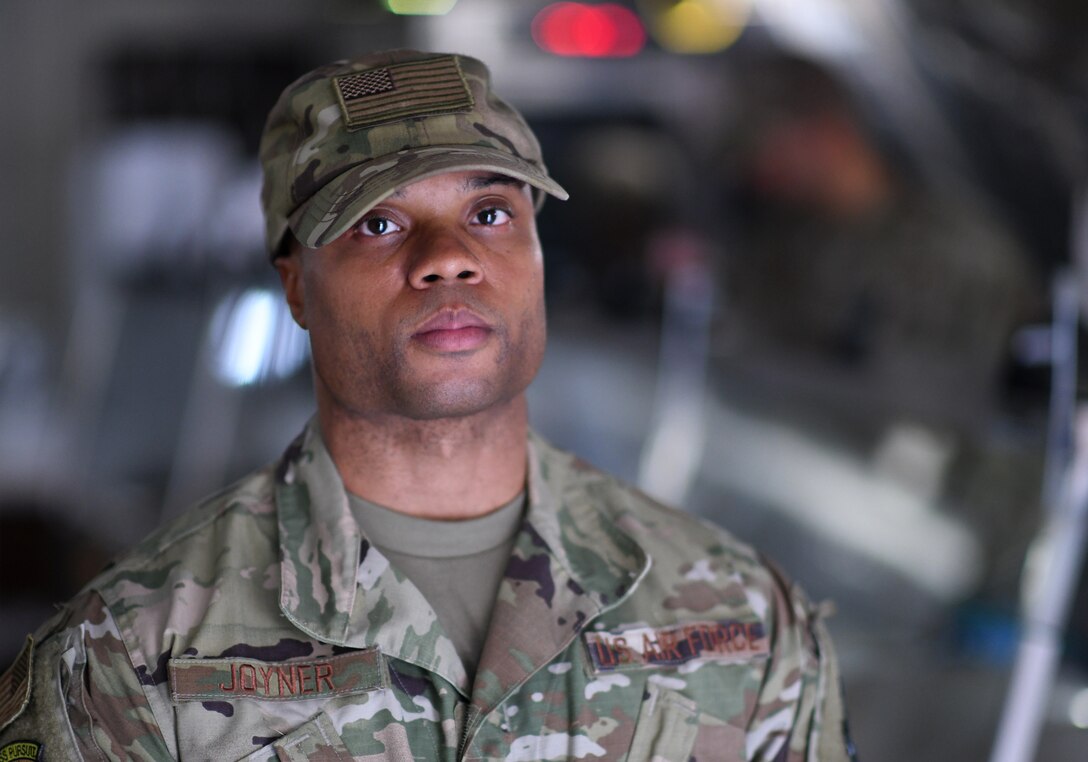 U.S. Air Force Tech. Sgt. Michael Joyner, 776th Expeditionary Air Base Squadron Services superintendent, poses for a photo at the dining facility on Chabelley Airfield, Djibouti, Nov. 13, 2019. In addition to feeding the populace of the airfield, Joyner and his team of services Airmen provide morale, welfare and reaction events and maintain entertainment facilities to help the personnel working on the installation unwind. (U.S. Air Force photo by Staff Sgt. Alex Fox Echols III)