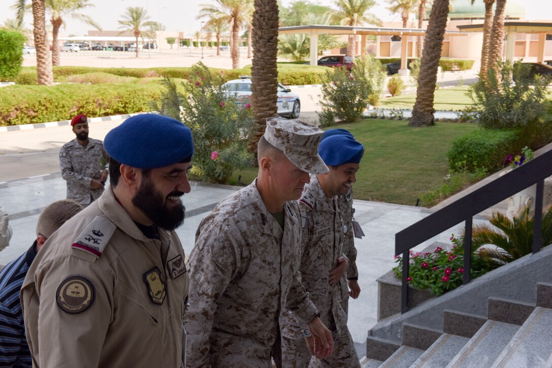 Lt. Gen. Carl E. Mundy III, commander of Marine Corps Forces Central Command, meets with Maj. Gen. Khaled Al-Shablan, the installation commander of Prince Sultan Air Base, Saudi Arabia on Nov. 6, 2019. PSAB will serve as a strategic operating location for U.S. Air Forces Central Command and U.S. Central Command and fills a mutually beneficial role of countering destabilizing regional activity. (U.S. Air Force photo by Tech. Sgt. John Wilkes)