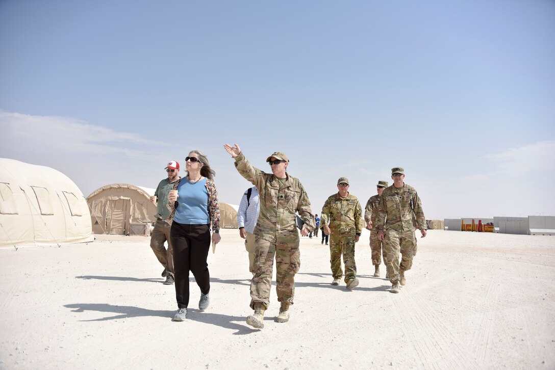 Lt. Col. Tracy Brannock-Bennett, 378th Air Expeditionary Group chief of staff, briefs Rebecca Leggieri, U.S. House of Representatives House Appropriations Committee clerk, during a visit to Prince Sultan Air Base, Saudi Arabia on Nov. 8, 2019. PSAB will serve as a strategic operating location for U.S. Air Forces Central Command and U.S. Central Command and fills a mutually beneficial role of countering destabilizing regional activity. (U.S. Air Force photo by Tech. Sgt. John Wilkes)