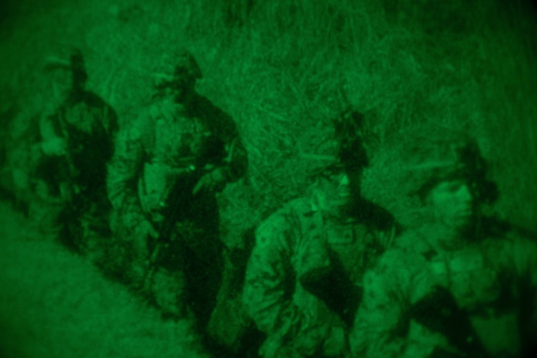 U.S. Marines conduct night patrolling drills during exercise Fuji Viper 20-2 on Camp Fuji, Japan, Nov. 13, 2019. Fuji Viper is a regularly scheduled training evolution that allows infantry units to maintain their lethality and proficiency in infantry and combined arms tactics. This iteration of the exercise is executed by an activated reserve unit, 1st Battalion, 25th Marine Regiment, currently attached to 4th Marine Regiment, 3rd Marine Division, as part of the unit deployment program. (U.S. Marine Corps photo by Lance Cpl. Ujian Gosun)